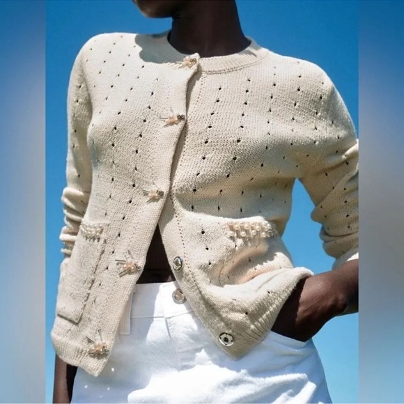 Zara Sweaters - ZARA PEARL KNIT CARDIGAN SIZE M NWT